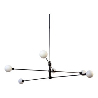 Three Tier Chandelier, Black, 39.5in H, 3 Inch Glass Globes, by Research.Lighting, Modern, Minimal Hanging Light For Sale