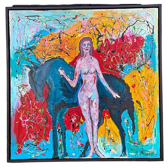 This is a large scale modern abstract oil painting of a female nude with a horse and colorful background. It is signed R....