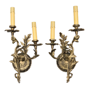 Early 20th Century Swedish Bronze Ornate Electric Sconces - Set of 2
