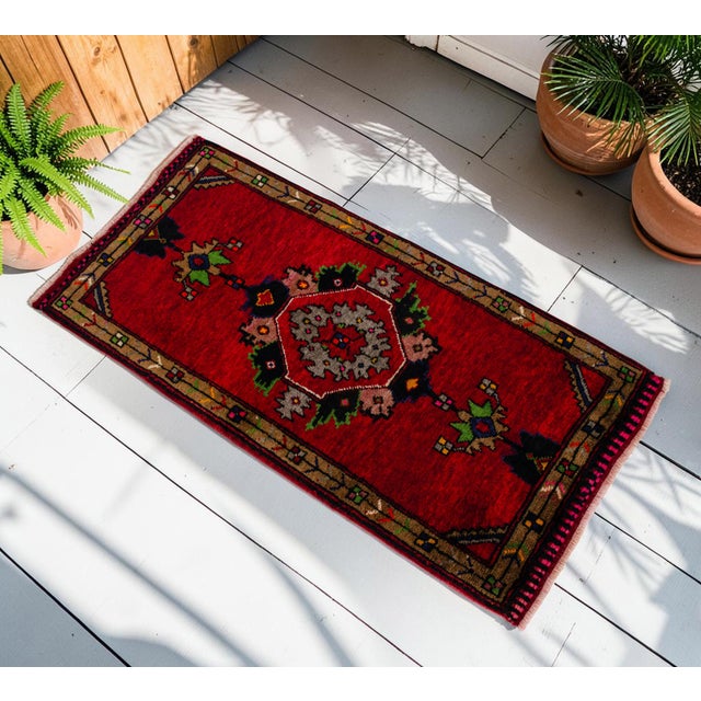 Farmhouse Hand Knotted Small Turkish Rug. Organic Wool 1960's Entryway Decor DoorMat, Accent Rug - 21'' X 45'' For Sale - Image 3 of 12