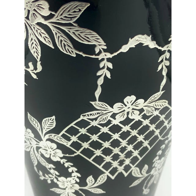 Lattice Flower Floral Sterling Silver Overlay Black Amethyst Glass Vase For Sale - Image 4 of 10