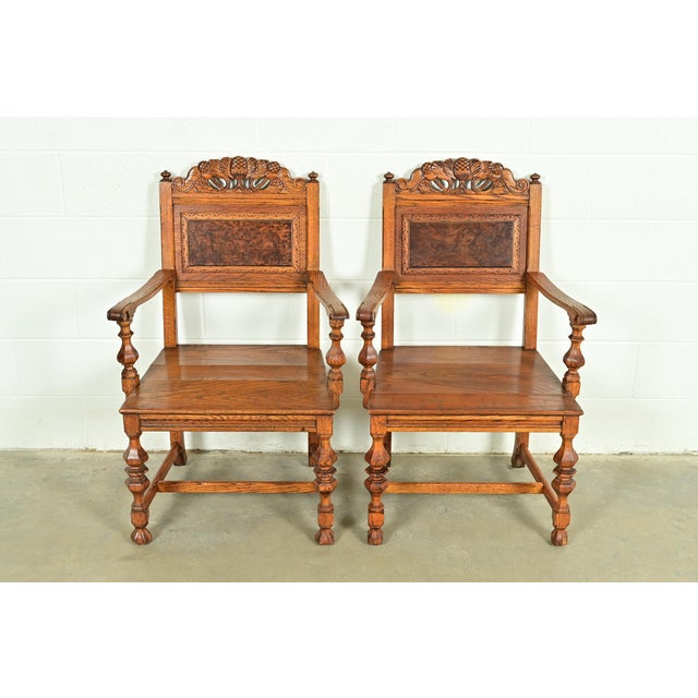 English Early Romweber Antique English Jacobean Carved Oak and Burl Wood Armchairs, Pair For Sale - Image 3 of 13