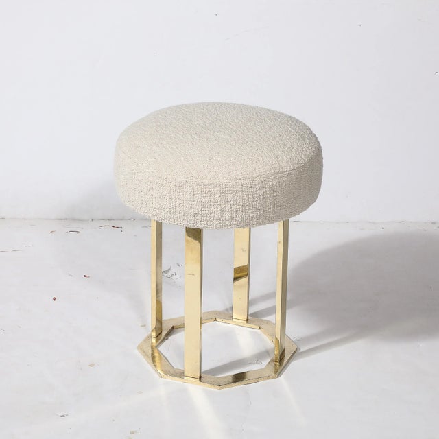 Metal Mid-Century Modernist Octagonal Polished Brass Base Stool in Holly Hunt Boucle For Sale - Image 7 of 10