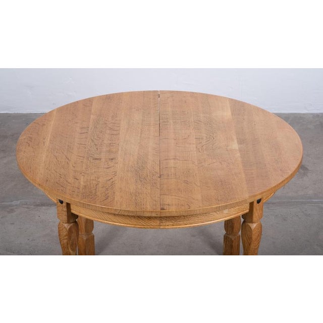 Vintage Brutalist Round Oak Dining Table with Extensions by Henning Kjærnulf, 1960s For Sale - Image 6 of 11