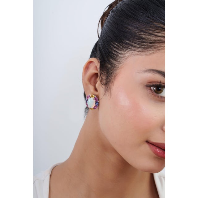 Metal 18k White Gold 18.2ct Opal & Multi Sapphire Cluster Stud Earrings With Diamonds- 2 Pieces For Sale - Image 7 of 15