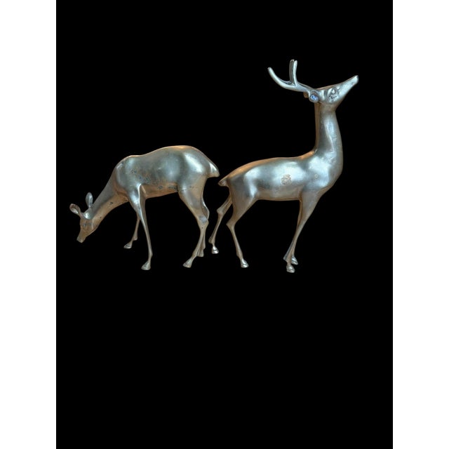Metal Large Vintage Patina Brass Pair Deer Buck Doe For Sale - Image 7 of 9