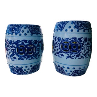 Vintage Mid Century Blue & White Porcelain Chinese Yuan Garden Stools - a Pair For Sale