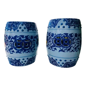 Vintage Mid Century Blue & White Porcelain Chinese Yuan Garden Stools - a Pair