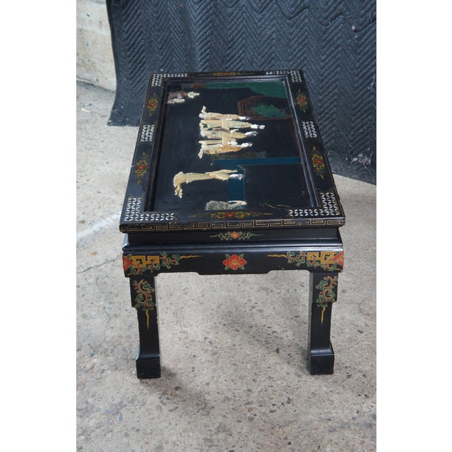Vintage Chinese Black Lacquer Figural Soapstone Folding Coffee Table Chinoiserie For Sale - Image 9 of 13
