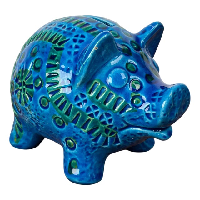 Mid-Century Modern Italian Rimini Blu Pottery Piggy Penny Bank Figurine by Aldo Londi for Bitossi, 1960s For Sale