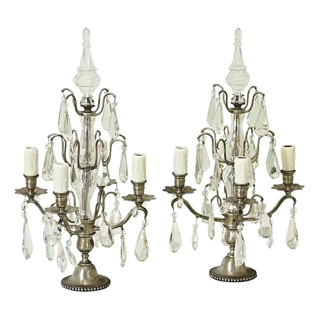 French 19th Century Pair of Crystal Girandole Table Lamps For Sale