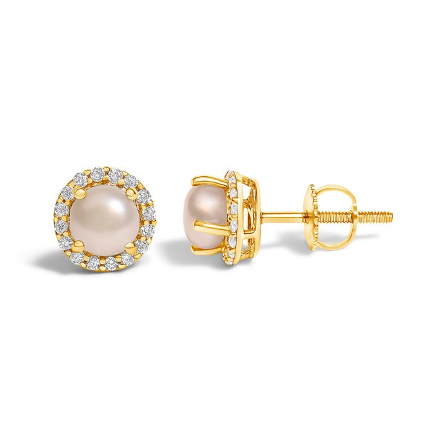 Contemporary 10K Yellow Gold Pearl and 1/6 Cttw Diamond Halo Stud Earrings, A Pair For Sale - Image 3 of 5