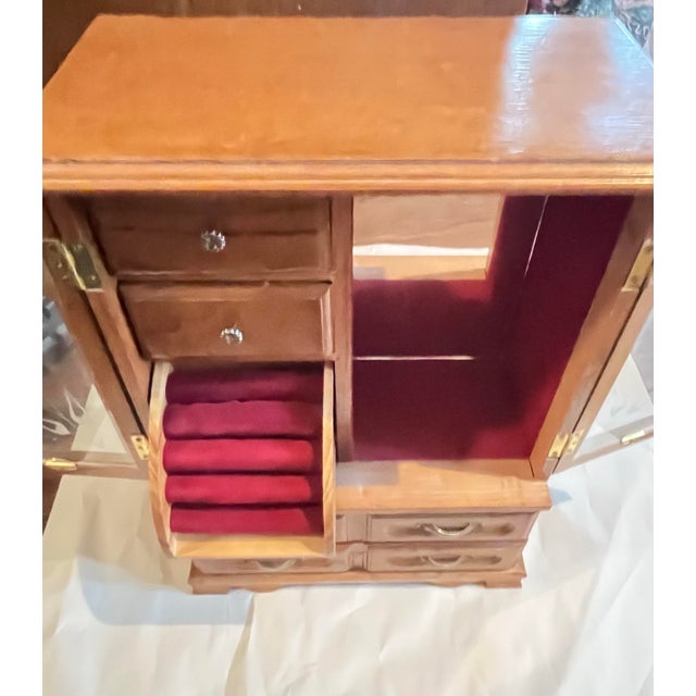 Wood Large Vintage Jewelry Box Armoire Chest 16" Wood 2 Floral Rose Etched Glass Doors 5 Drawers Red Velvet Mirror Hooks Cottage Core For Sale - Image 7 of 10
