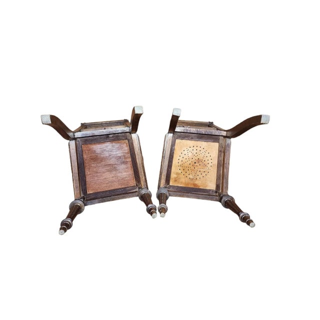 Early 1900's French Embossed Leather Hall Chairs- a Pair For Sale - Image 4 of 7