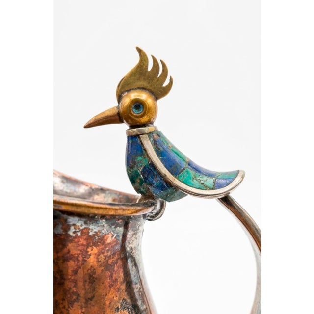 Mid-Century Modern Vintage Los Castillo Taxco Silver Plate & Copper Mixed Metal Bird Pitcher Mosaic Inlay For Sale - Image 3 of 8