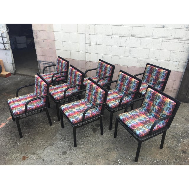 Postmodern Set of 8 Ettore Sottsass “Bridge” Dining Chairs for Knoll – Postmodern 1988, Original Fabric & Labels For Sale - Image 3 of 13