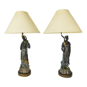 Large Pair Mid Century Asian Chinoiserie Figural Man Woman Table Lamps W/ Shades