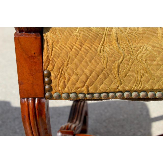 Antique French Louis XIV Style Armchair & Ottoman Set - Mid 19th Century Carved Lion Head Throne Chair With Original Yellow Upholstery For Sale - Image 17 of 18