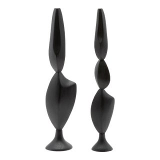 Pair of Modern Abstract Sculptures in Black Oak by Patrick Coard Paris For Sale