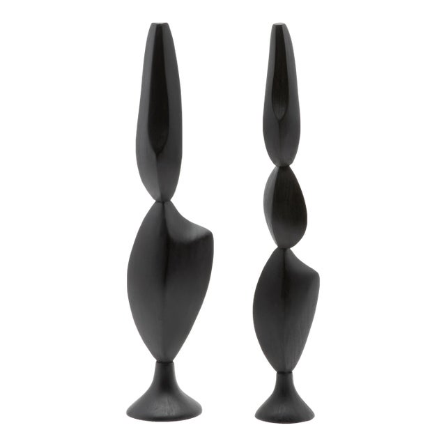 Pair of Modern Abstract Sculptures in Black Oak by Patrick Coard Paris For Sale
