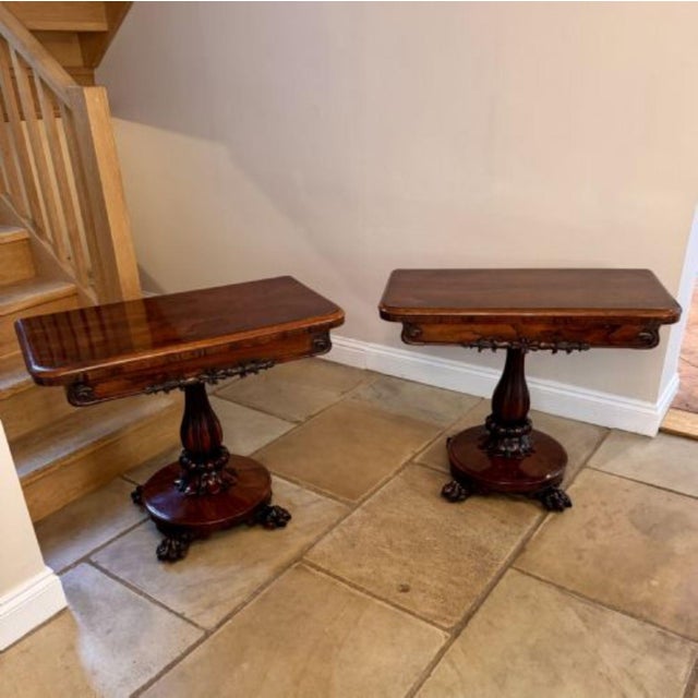 Outstanding quality pair of antique William IV rosewood pedestal card tables, having a quality pair of antique William IV...