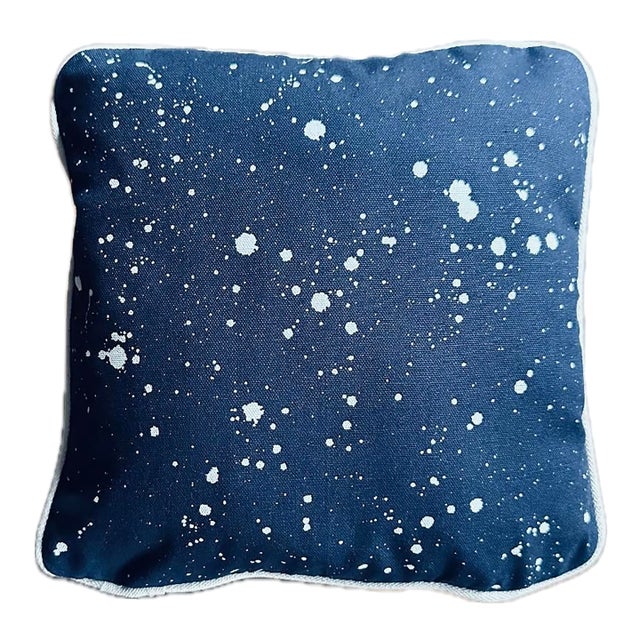 Erin Simon Original “Splatter Pillow” in Navy With Natural Piping and White Paint For Sale