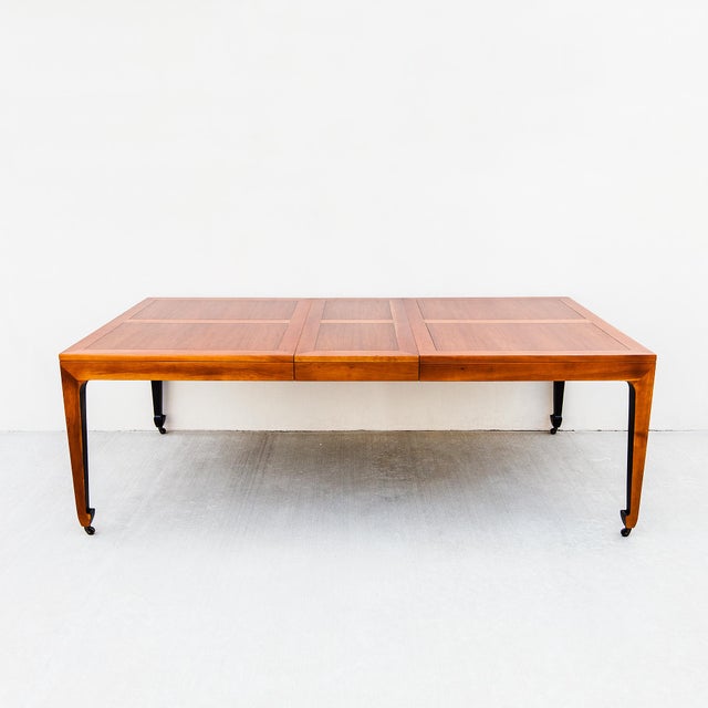 1970s Restored Michael Taylor for Baker Walnut & Black Lacquer Extension Dining Table For Sale - Image 12 of 18