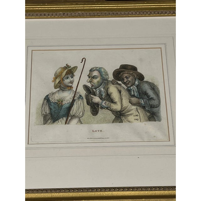 Set of Three Hand-Colored Engravings From “The Passions, Humorously Delineated” by Timothy Bobbin. Featured are "Love,"...