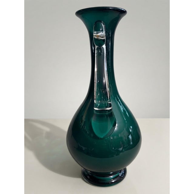 Vintage Teal Green Art Glass Vase With Clear Applied Scroll Handles For Sale In Greensboro - Image 6 of 7