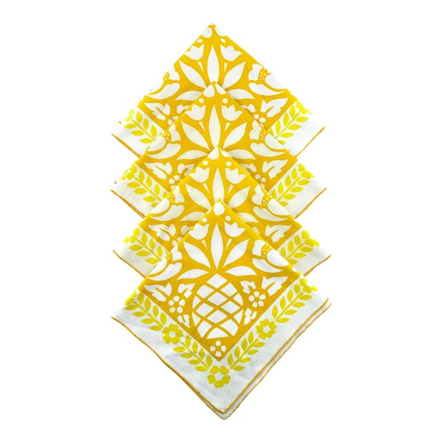 Mid Century Fallani & Cohn Yellow Pineapple Patter Dinner Napkins, Set of 4 For Sale