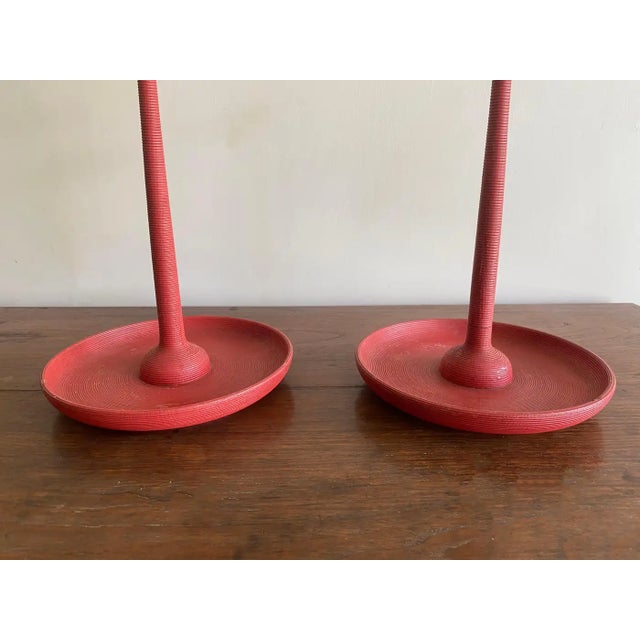 1900 - 1909 Japanese Red Lacquer Ribbed Candle Holder Pair, Meji Period C. 1900 For Sale - Image 5 of 10