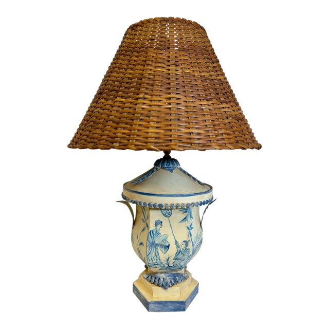 Vintage Chinoiserie Tole Table Lamp With Wicker Shade For Sale