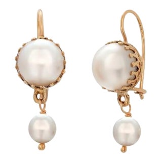 1990s 14kt Yellow Gold Double Drop Pearl Dangle Hoop Earrings, A Pair For Sale