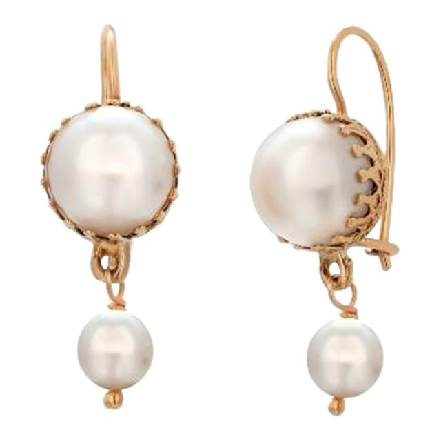 1990s 14kt Yellow Gold Double Drop Pearl Dangle Hoop Earrings, A Pair For Sale