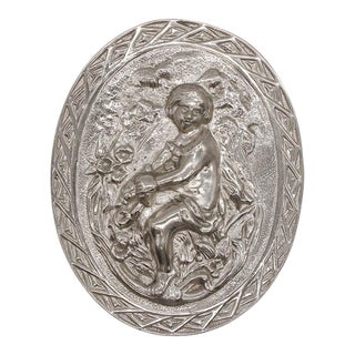 Vintage Cast Aluminum Figural Horseback Oval Silver Wall Relief For Sale