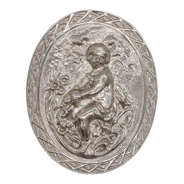 Vintage Cast Aluminum Figural Horseback Oval Silver Wall Relief For Sale