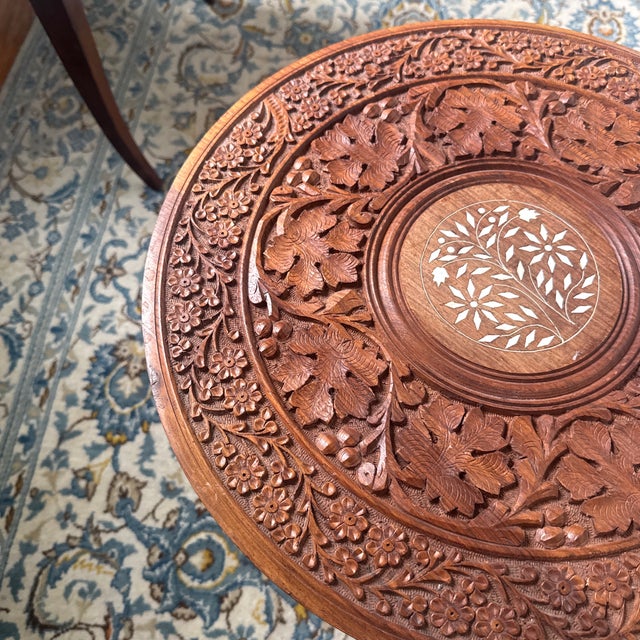 Late 20th Century Anglo Indian Sheesham Carved Wood Side Table With Inlay For Sale - Image 10 of 12