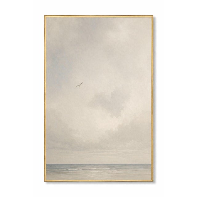 Serene coastal artwork featuring a soft horizon where muted ocean tones meet an expansive, clouded sky. The composition...