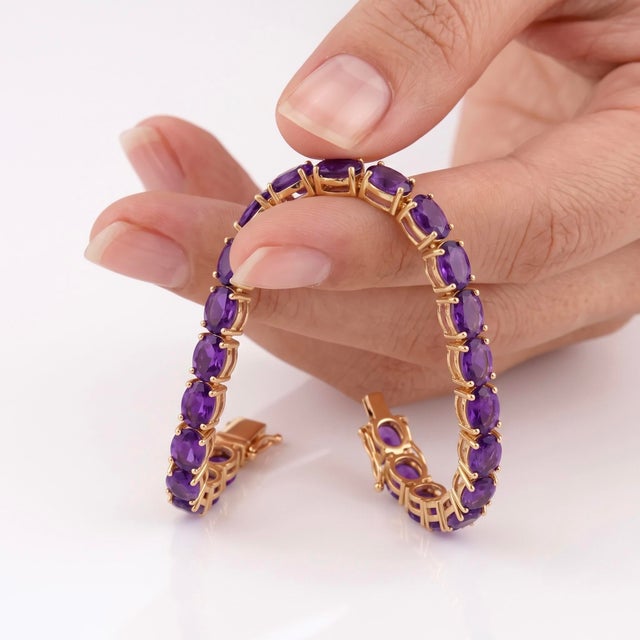 Contemporary Natural Amethyst Tennis Bracelet | 18k Gold Plated Purple Gemstone Bracelet | February Birthstone Bracelet For Sale - Image 3 of 4