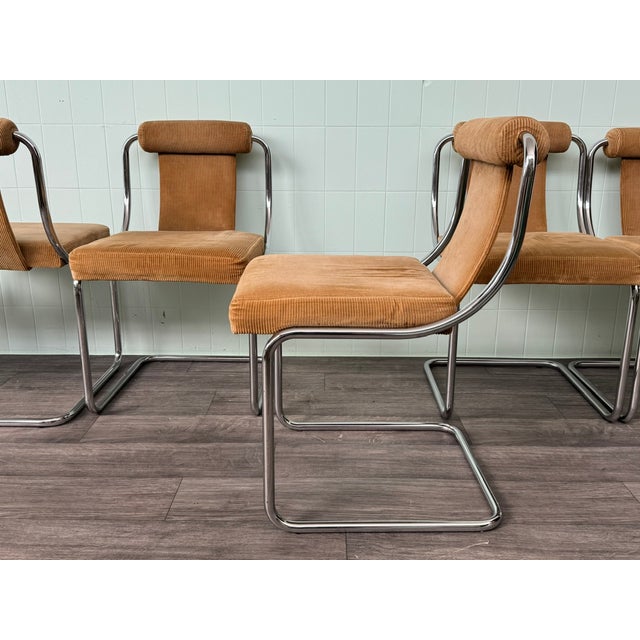 Vintage Space Age Style Italian Steel and Corduroy Chairs, 1970s, Set of 6 For Sale - Image 3 of 13