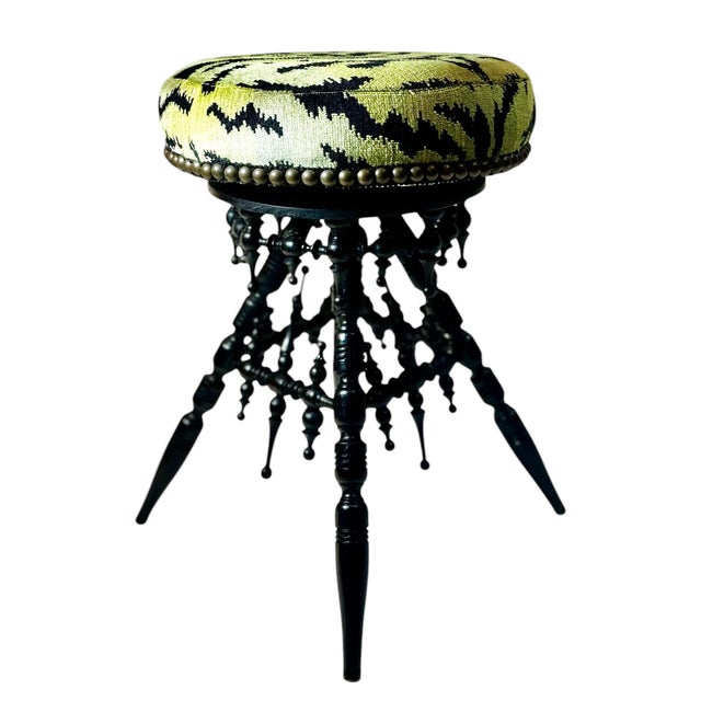 A striking Victorian era black wood stool, beautifully upholstered in luxurious Italian Scalamandré tiger velvet. The...
