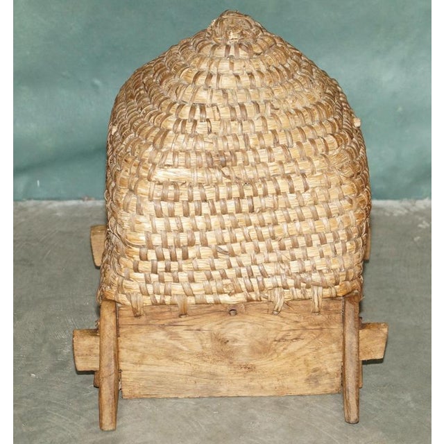 Antique English Folk Art Woven Bee Skep in Primative Woven & Wooden Stand, 1880 For Sale - Image 6 of 12
