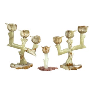 Vintage Italian Onyx Stone Tulip Candelabra Candlestick Holders - Set of 3 For Sale