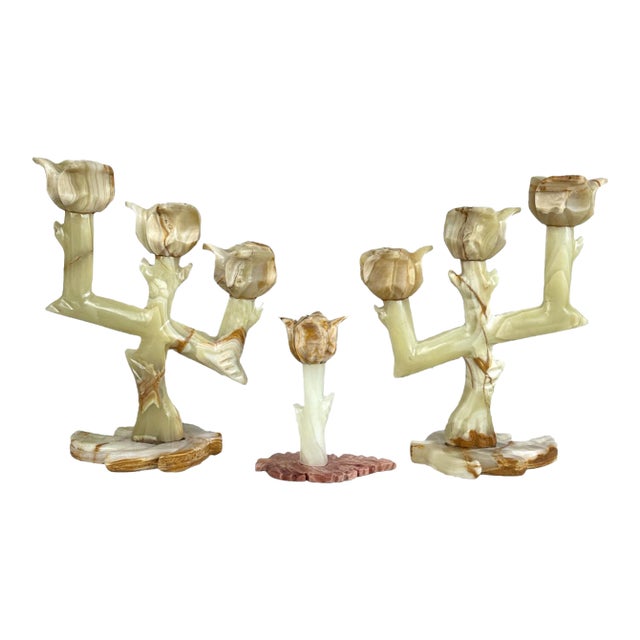 Vintage Italian Onyx Stone Tulip Candelabra Candlestick Holders - Set of 3 For Sale