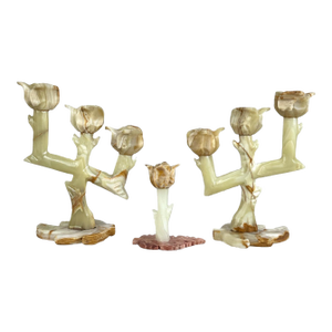 Vintage Italian Onyx Stone Tulip Candelabra Candlestick Holders - Set of 3