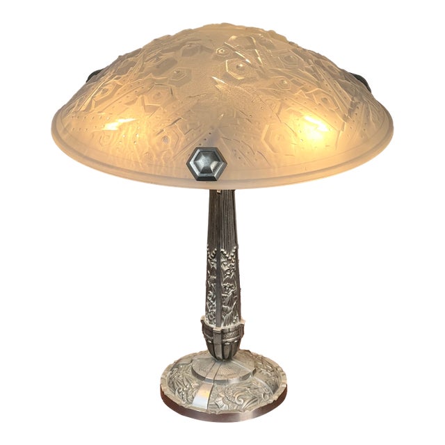Vintage French Art Deco Frosted Glass Table Lamp by Muller Frères Lunéville C. 1920 For Sale