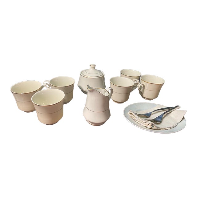 Vintage Royal Limited Golden Ivory Porcelain Coffee Set 8 Pieces Made in Japan Gold Trim For Sale