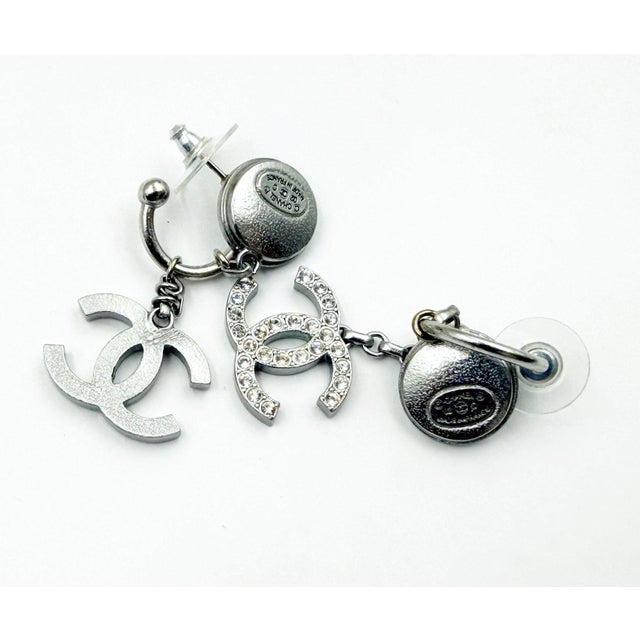 Chanel Chanel Silver CC Crystal Green Enamel Wheel Dangle Piercing Earrings, A Pair For Sale - Image 4 of 5