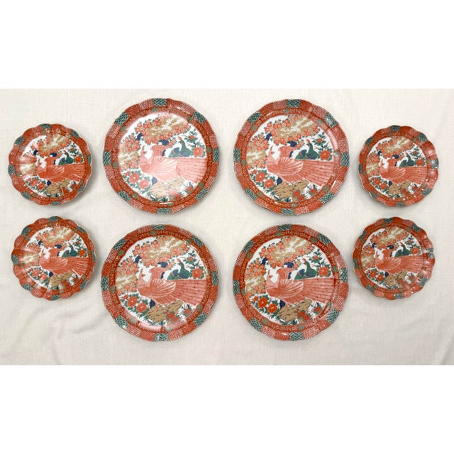 Japanese Vintage Japanese Imari Arita Peacock Scalloped Porcelain Dinner & Salad Plates - 8 Pieces For Sale - Image 3 of 12