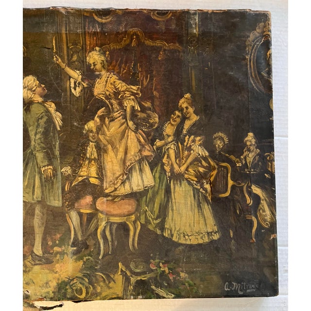 A beautiful old possibly 19th century oil on canvas painting of French high society party with wonderful costumes and gilt...